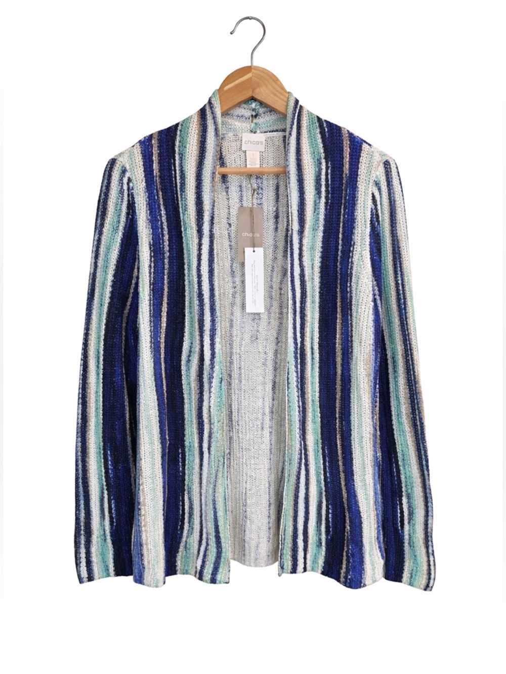 Chico’s Linen Blend Striped Cardigan Blue Coastal Lagenlook Open Front M NWT